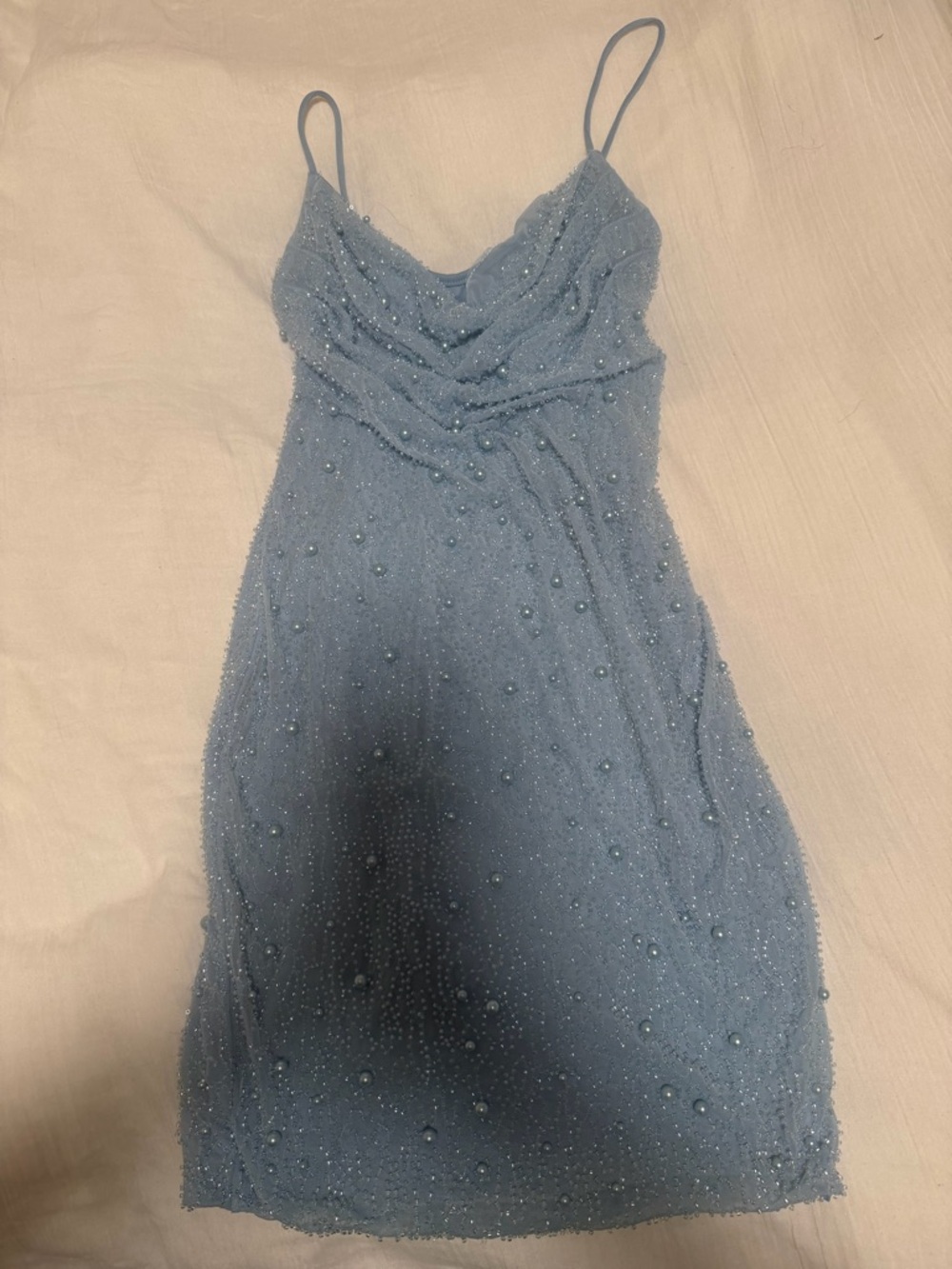 Oh Polly Powder Blue Beaded Cowl Neck Mini Dress - Picture 4 of 5